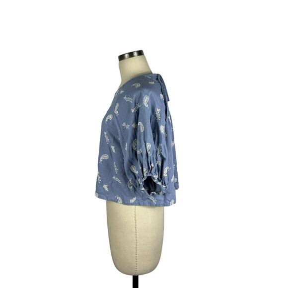 HOUSE OF HARLOW 1960 Blue Linen Blend Puff Sleeve Cropped Blouse Women's Size L - Picture 2 of 5